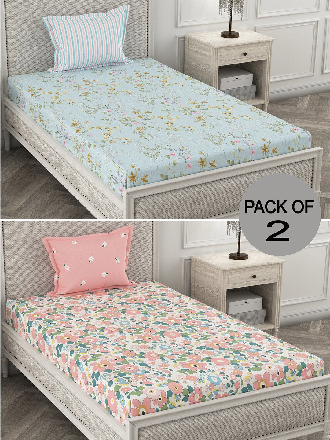 

CHHAVI INDIA Pink & Blue Floral Polycotton 210 TC 2 Single Bedsheet With 2 Pillow Covers