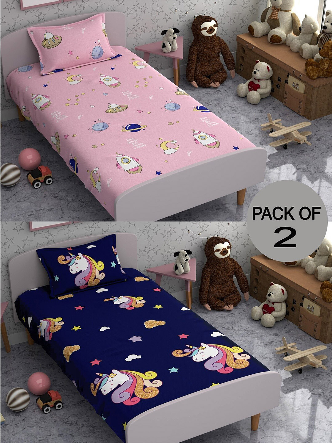 

CHHAVI INDIA Blue & Pink Printed 210 TC 2 Single Bedsheets with 2 Pillow Covers