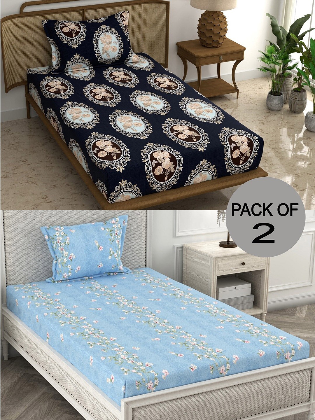 

CHHAVI INDIA Blue Ethnic Motifs Polycotton 210 TC 2 Single Bedsheet & 2 Pillow Covers