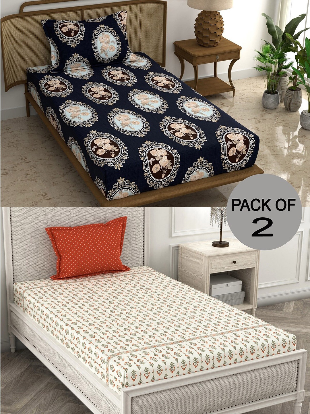 

CHHAVI INDIA Orange & Blue Floral 210 TC 2 Single Bedsheet & 4 Pillow Covers