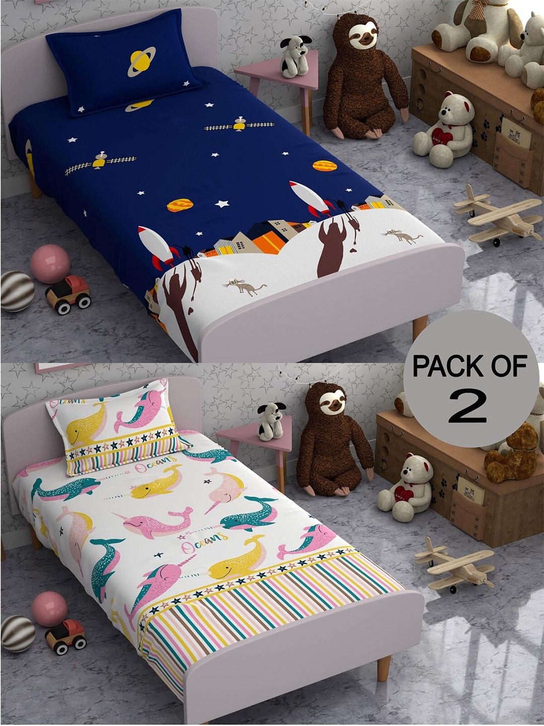 

CHHAVI INDIA Blue & White Conversational 210 TC 2 Single Bedsheet with 2 Pillow Covers