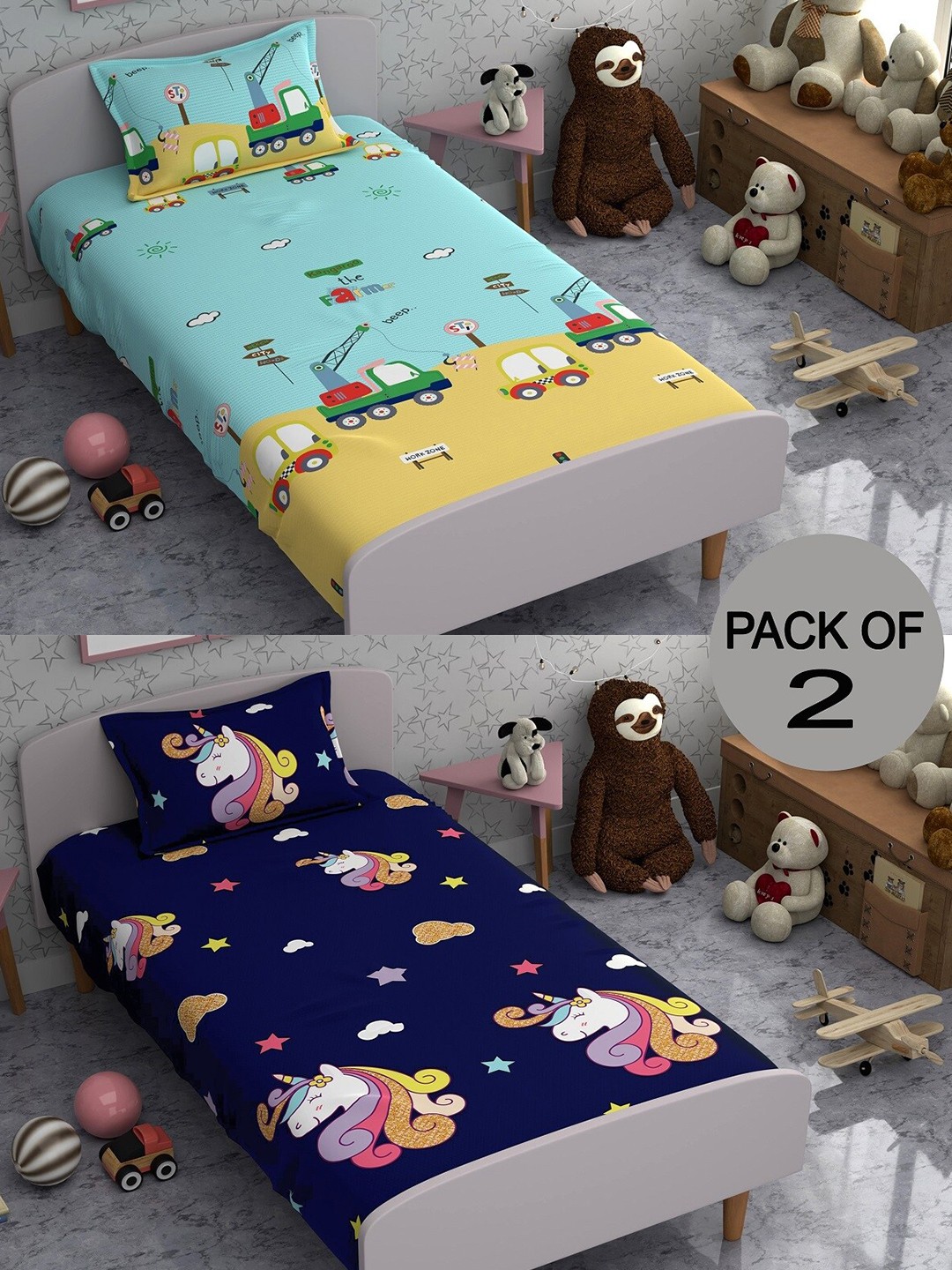 

CHHAVI INDIA Blue & Yellow Graphic Polycotton 210 TC 2 Single Bedsheet & 4 Pillow Covers