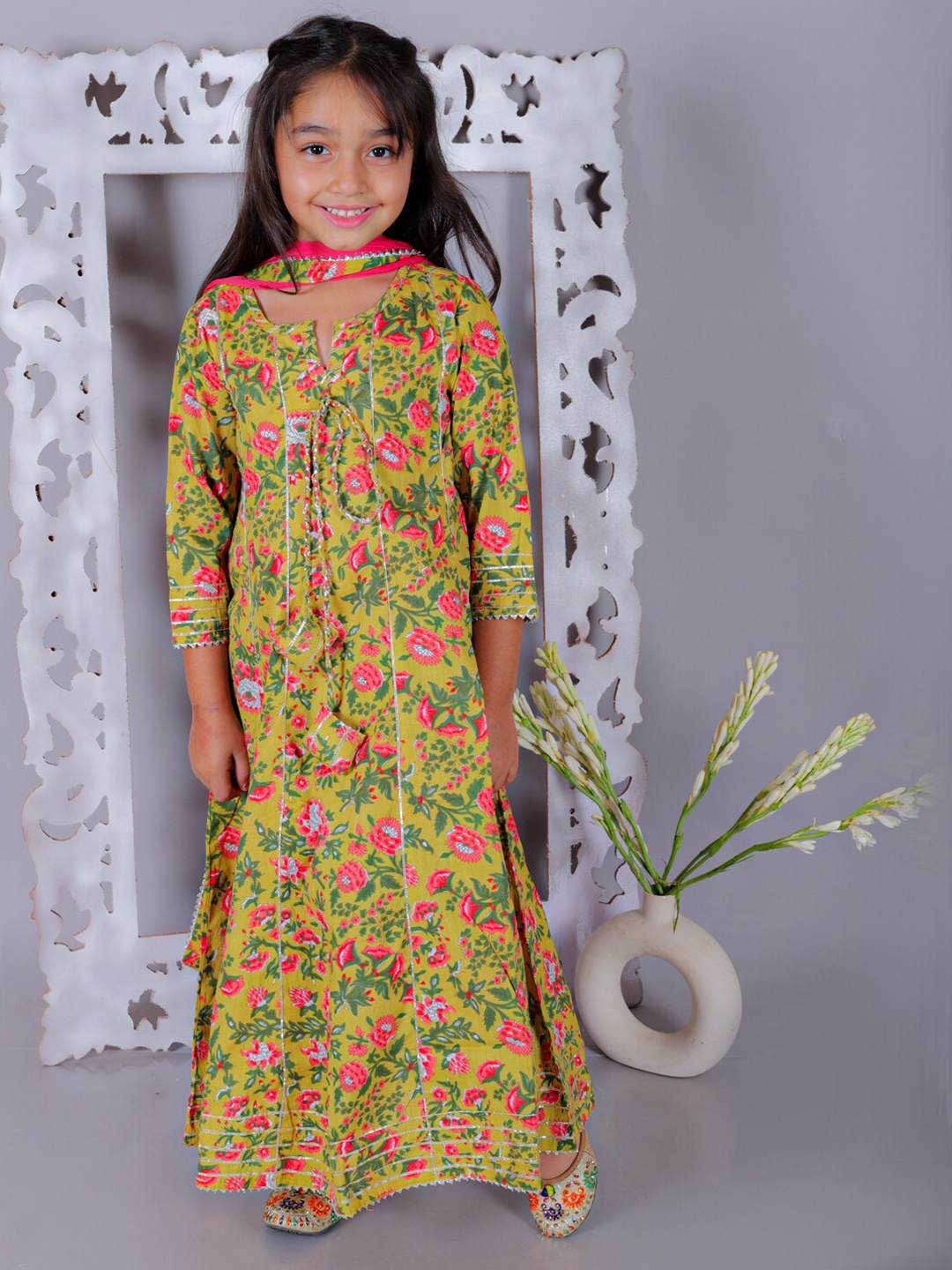 

Ka-mee Girls Floral Printed Pue Cotton Maxi Dress With Dupatta, Yellow