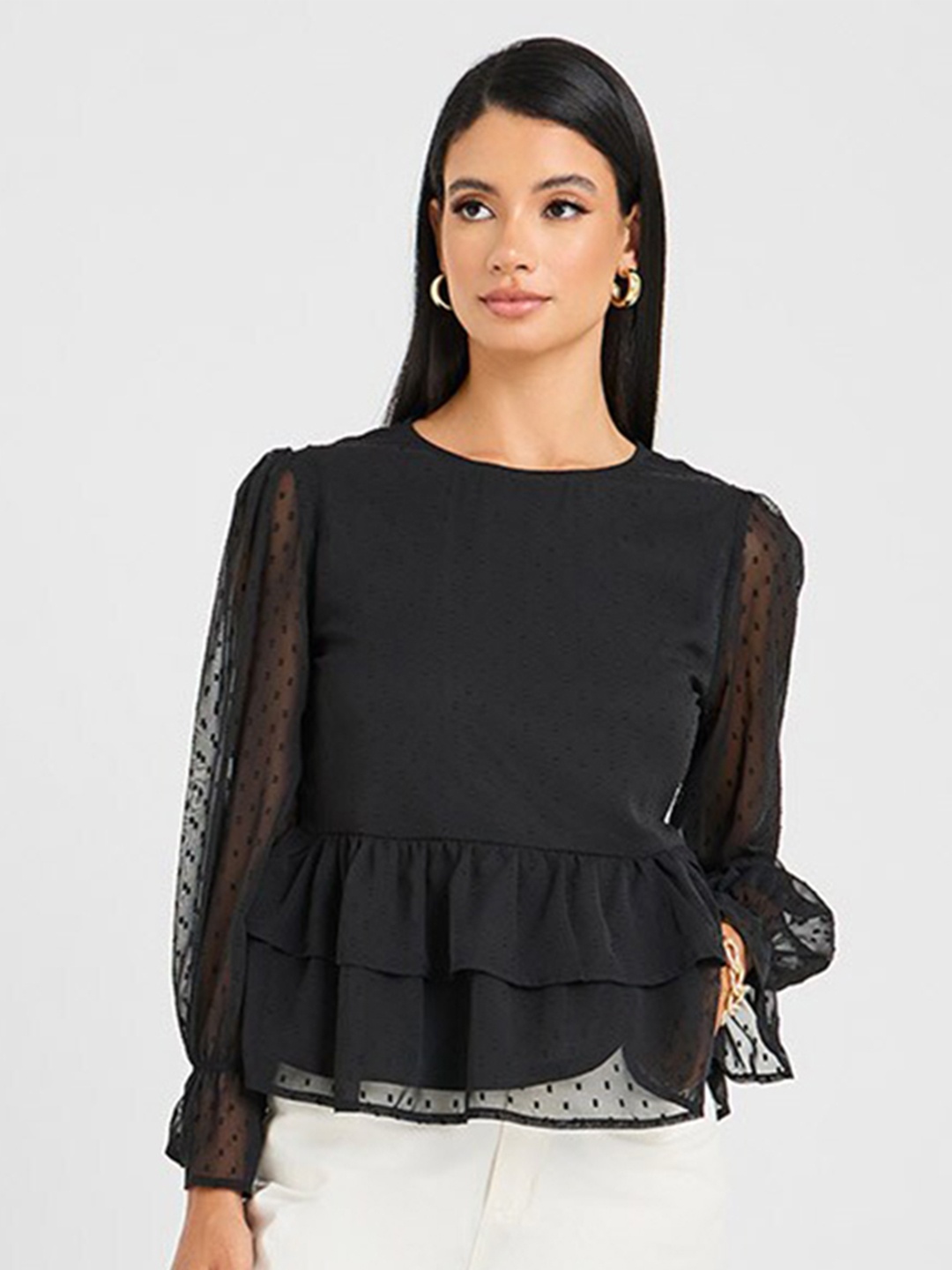 

Styli Black Self Design Dobby Bell Sleeves Layered Peplum Top