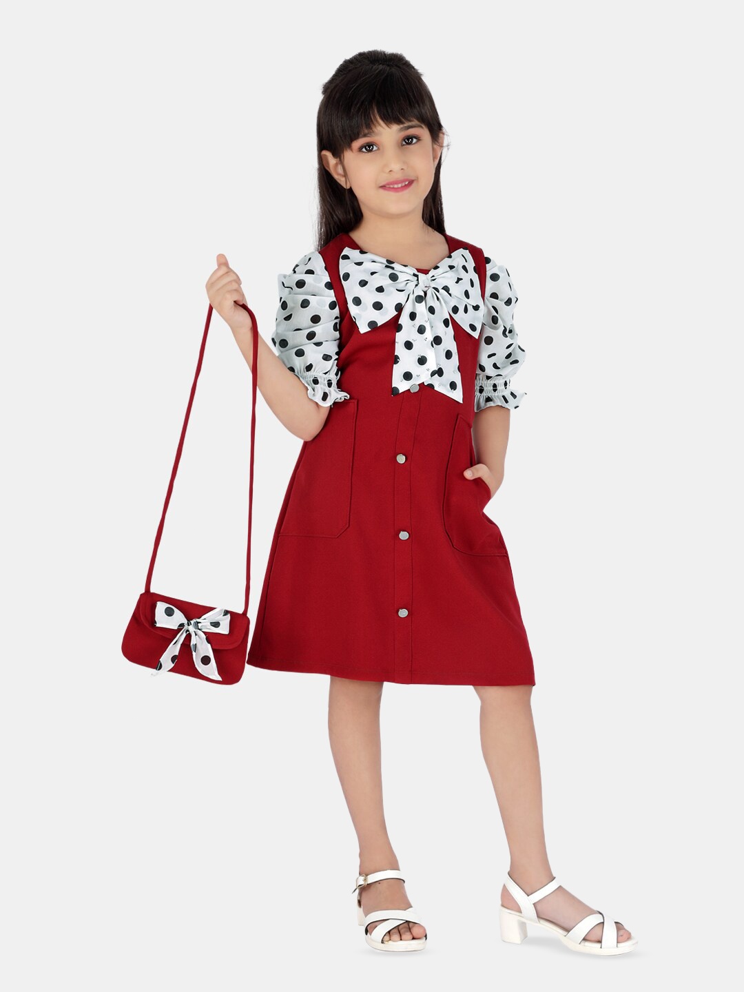 

Peppermint Girls Polka Dot Printed Round Neck Puff Sleeves A-Line Dress, Maroon