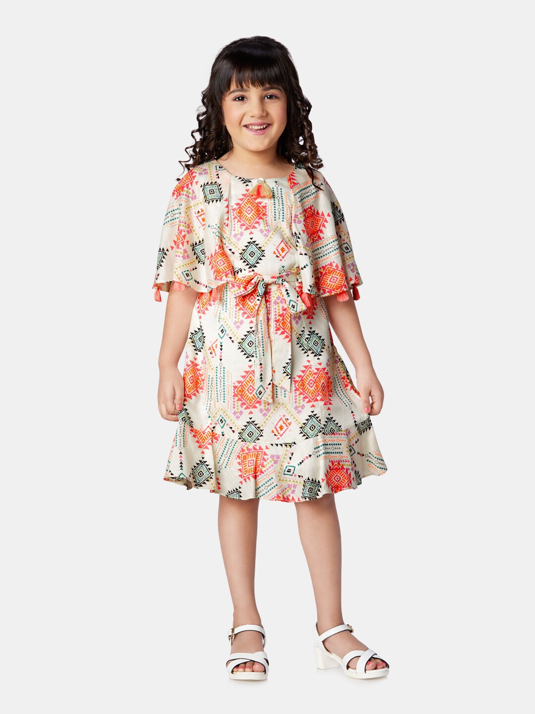 

Peppermint Girls Ethnic Motifs Printed Flared Sleeves Cotton A-Line Dress, Beige