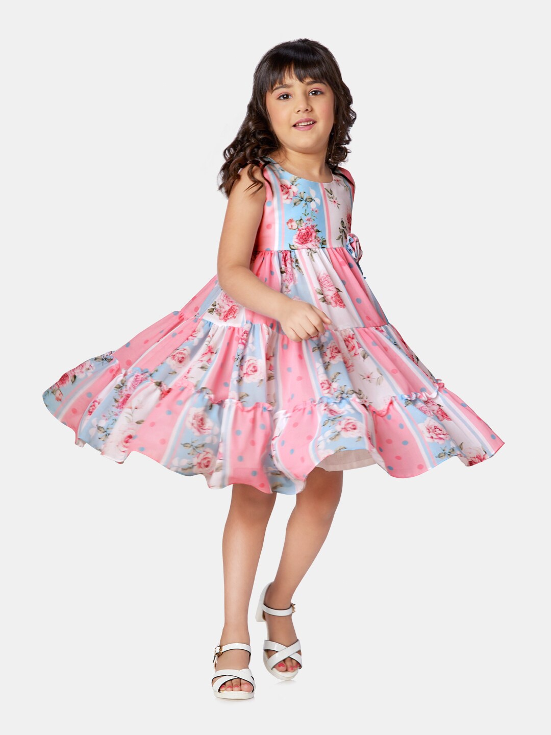 

Peppermint Round Neck Pink Floral Printed Tiered Fit & Flare Dress