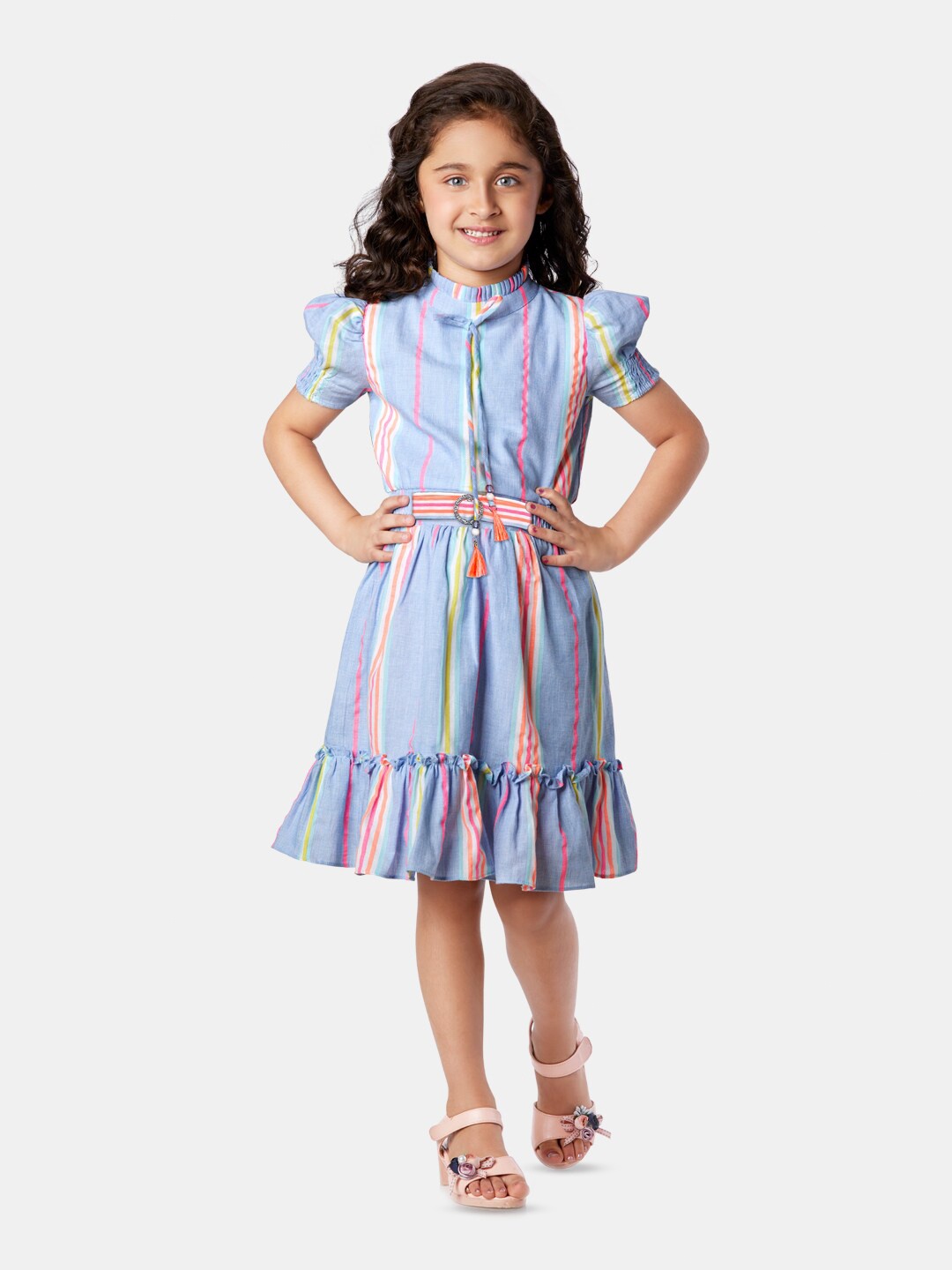 

Peppermint Girls Striped Puff Sleeve Linen Fit & Flare Dress, Blue