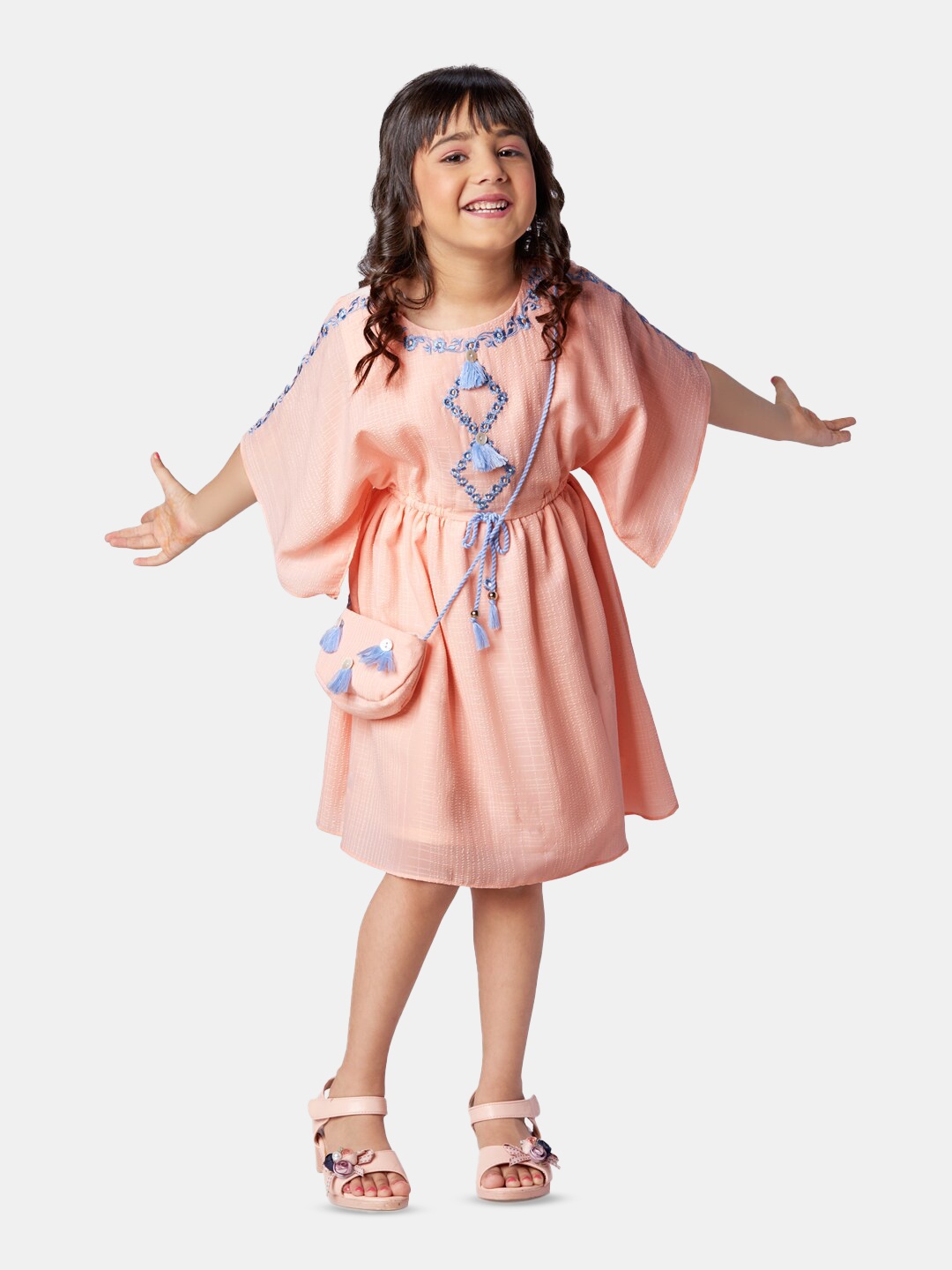 

Peppermint Girls Embroidered Flared Sleeve Satin A-Line Dress, Peach