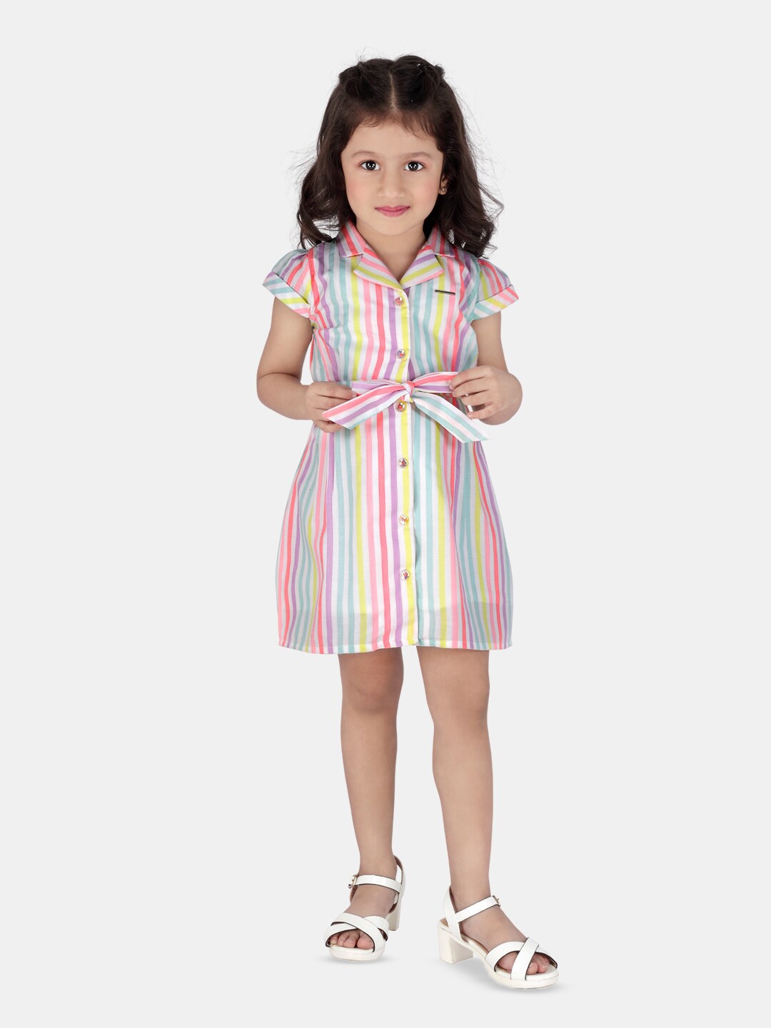 

Peppermint Girls Candy Striped Cuban Collar Cotton A-Line Dress, White