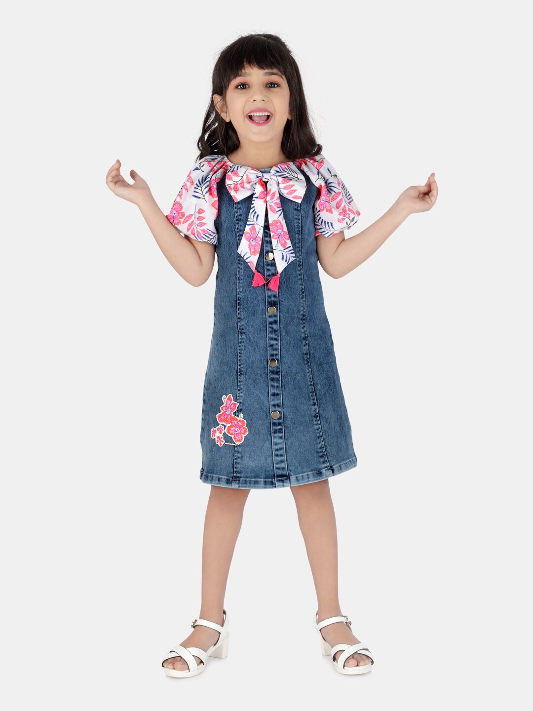 

Peppermint Girls Floral Print Denim A-Line Dress, Blue