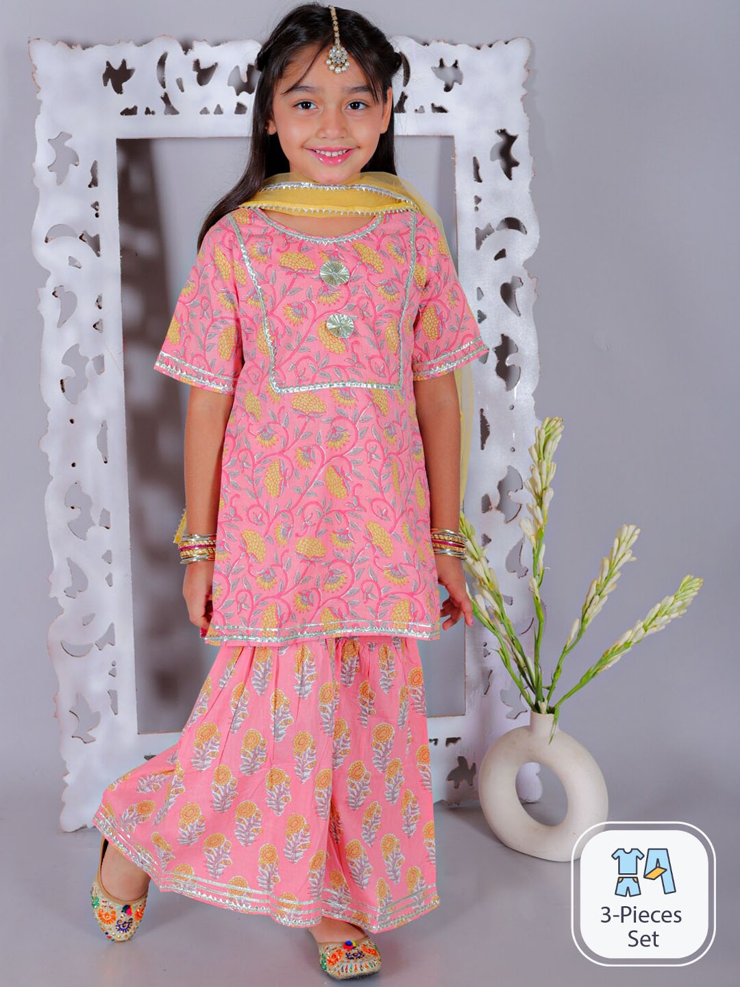 

Ka-mee Girls Floral Printed Gotta Patti Pure Cotton Kurti with Sharara & Dupatta, Pink