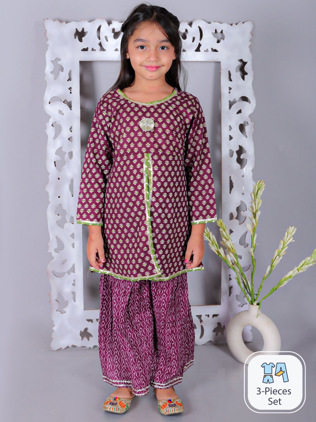 

Ka-mee Girls Floral Printed Pure Cotton Kurta with Sharara, Maroon