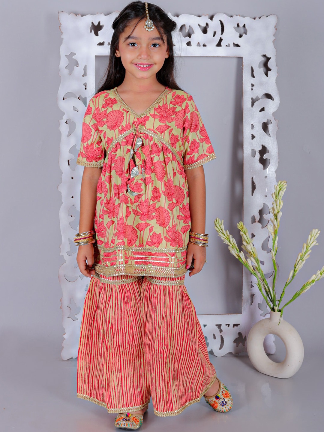 

Ka-mee Girls Floral Printed Empire Gotta Patti Pure Cotton Kurta with Sharara, Pink