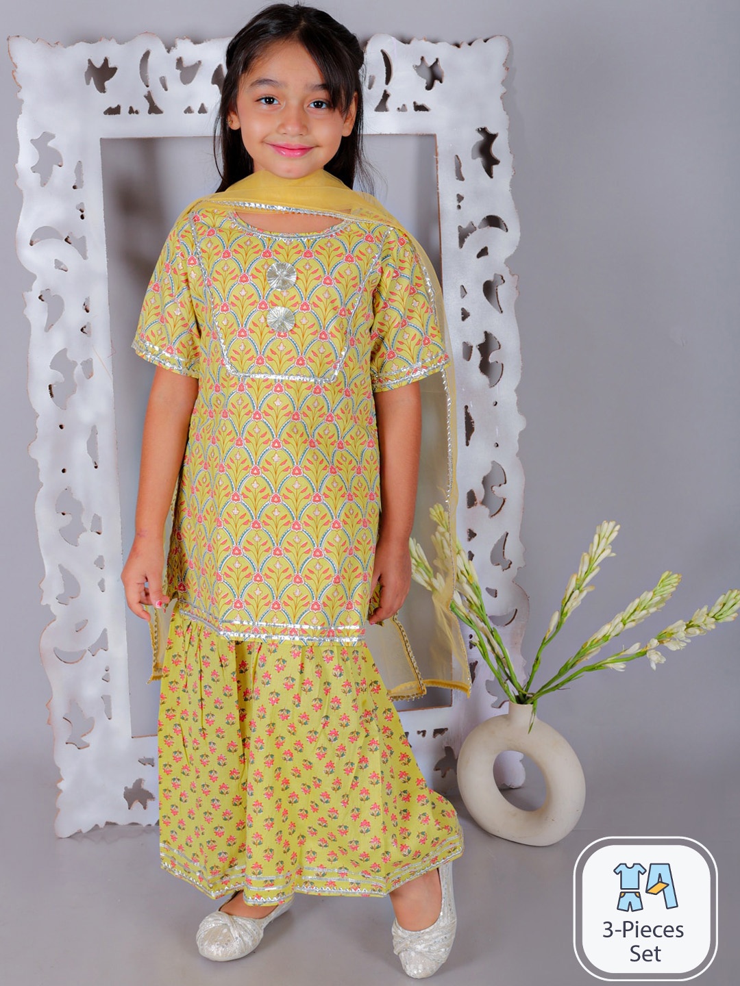 

Ka-mee Girls Ethnic Motifs Printed Gotta Patti Pure Cotton Kurta with Sharara & Dupatta, Yellow