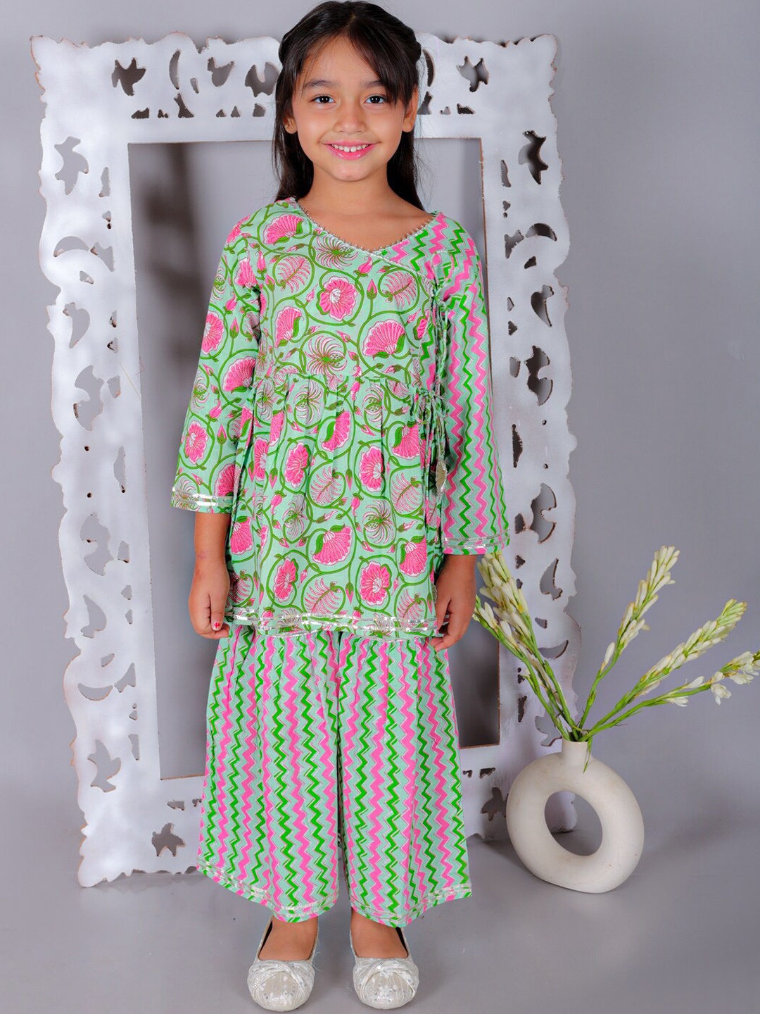 

Ka-mee Girls Floral Printed Angrakha A-Line Pure Cotton Kurta With Sharara, Green