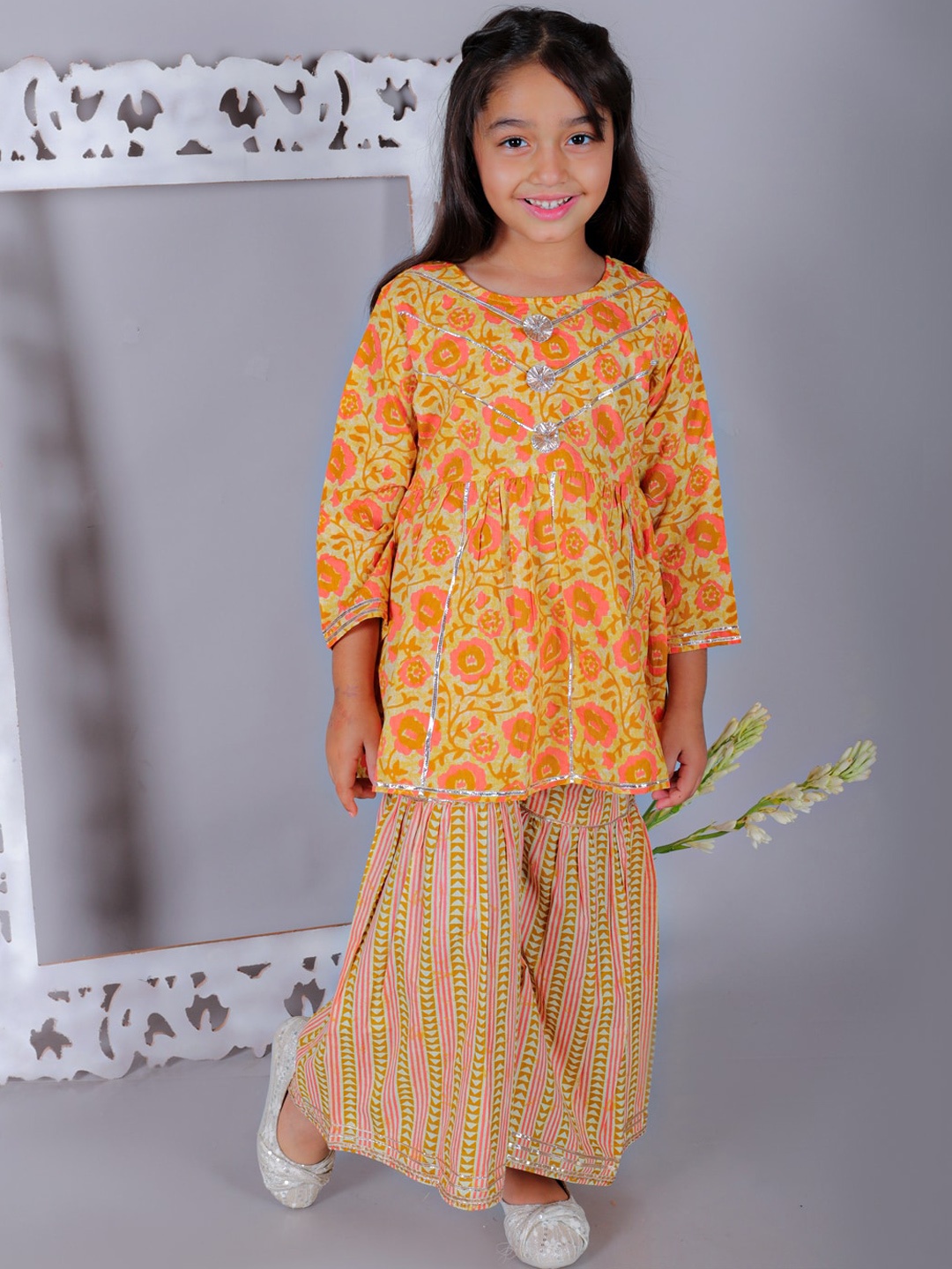 

Ka-mee Girls Floral Printed Empire Gotta Patti Pure Cotton Kurti With Sharara, Orange