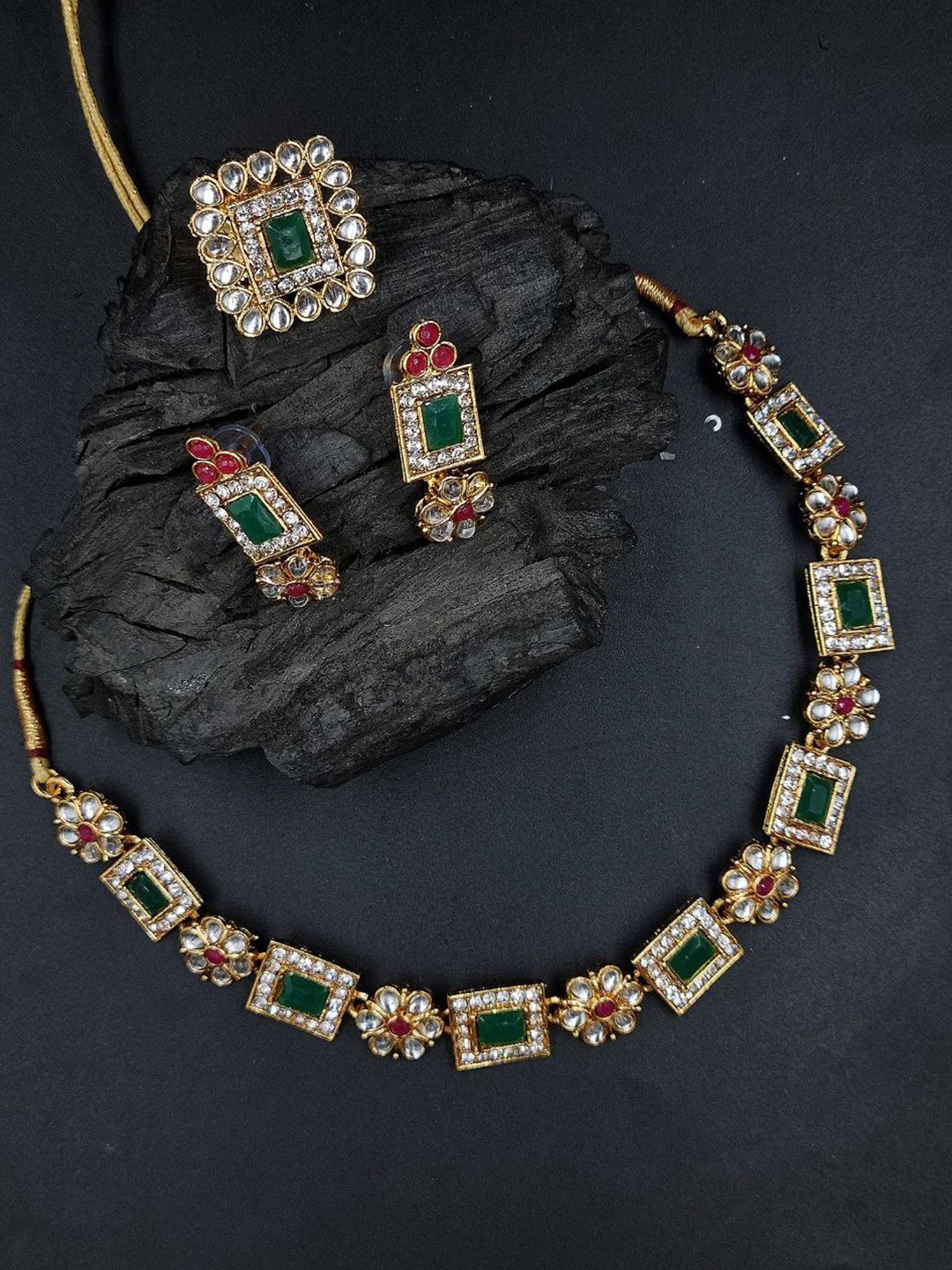

Anouk Gold-Plated Kundan-Studded Necklace With Earrings & With Finger Ring