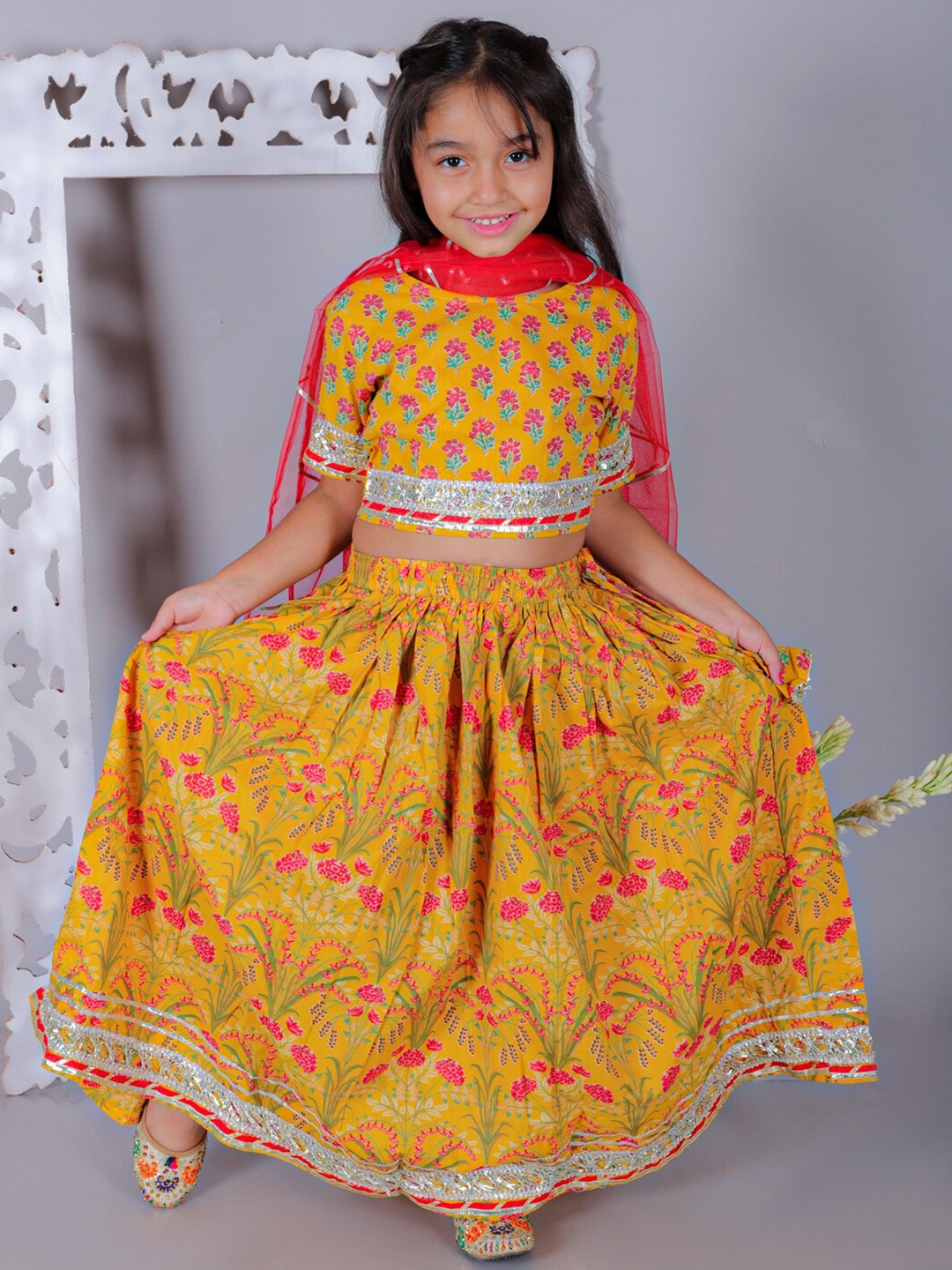 

Ka-mee Girls Ethnic Motifs Printed Ready to Wear Lehenga & Blouse With Dupatta, Yellow