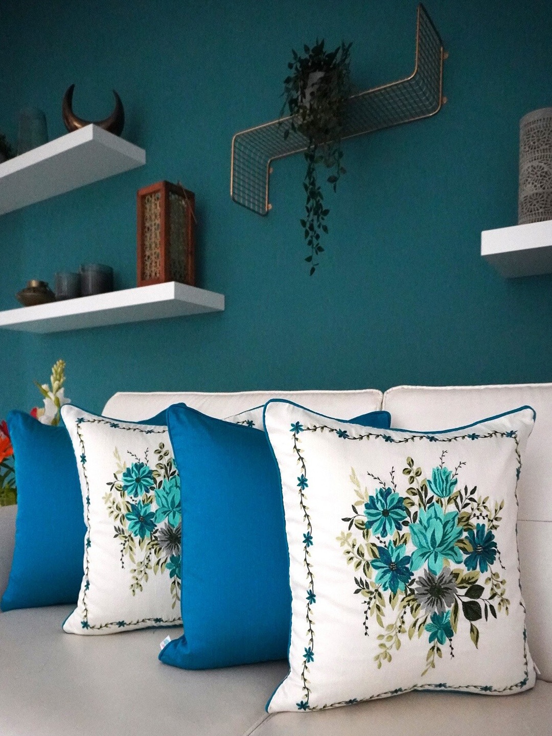 

TARA- Sparkling Homes Blue & White 4 Pieces Floral Cotton Silk Square Cushion Covers
