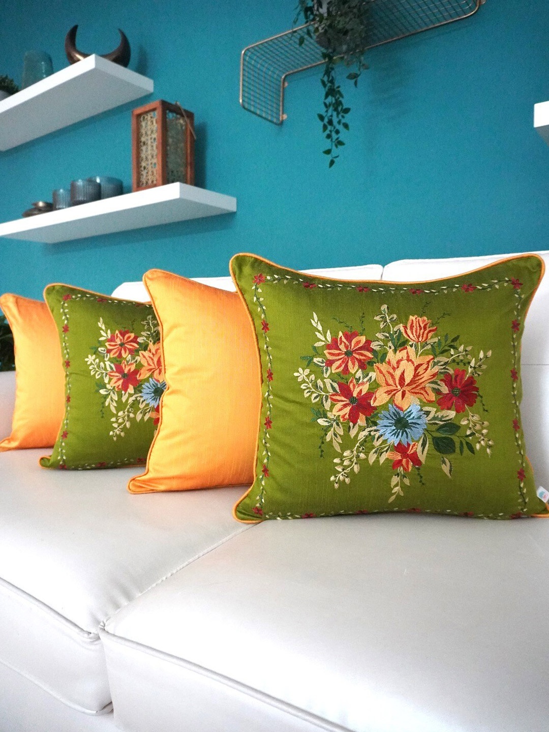 

TARA- Sparkling Homes Green & Yellow 4 Pieces Floral Embroidered Square Cushion Covers