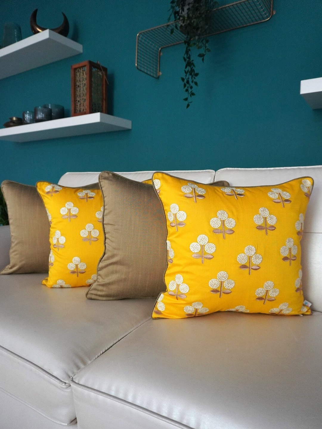 

TARA- Sparkling Homes 4 Pcs Yellow & Brown Floral Square Cushion Covers