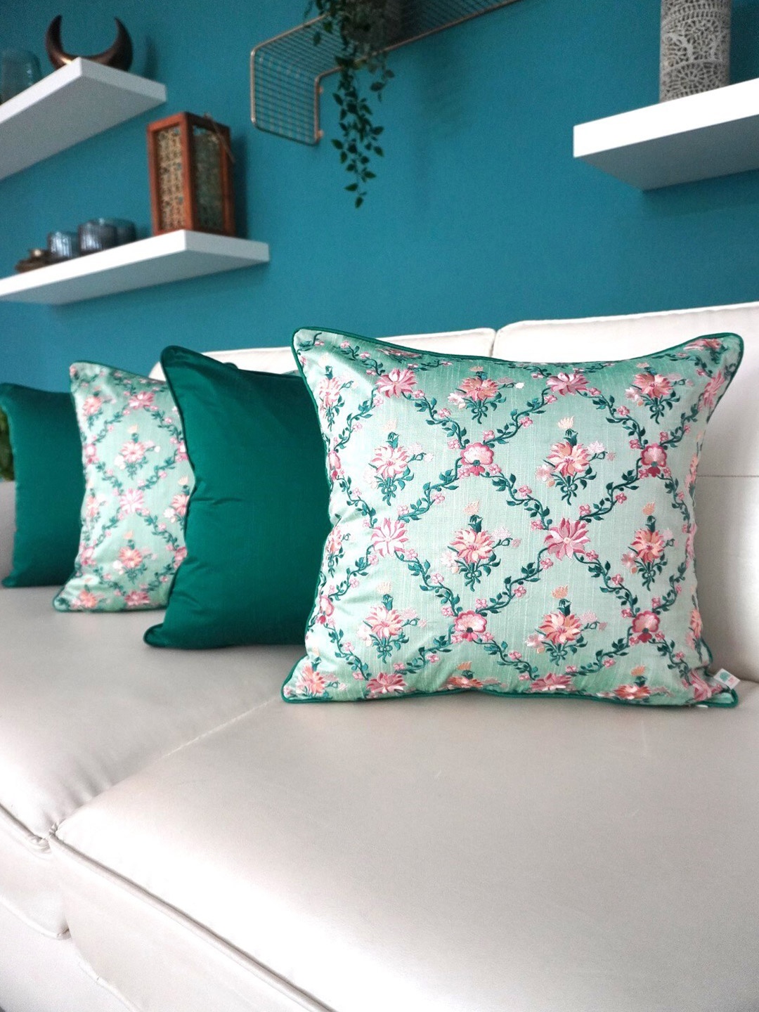 

TARA- Sparkling Homes Green & Pink 4 Pieces Floral Embroidered Square Cushion Covers