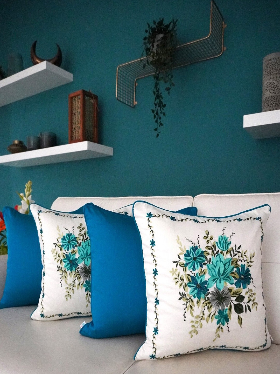 

TARA- Sparkling Homes Blue & White 4 Pieces Embroidered Square Cushion Covers