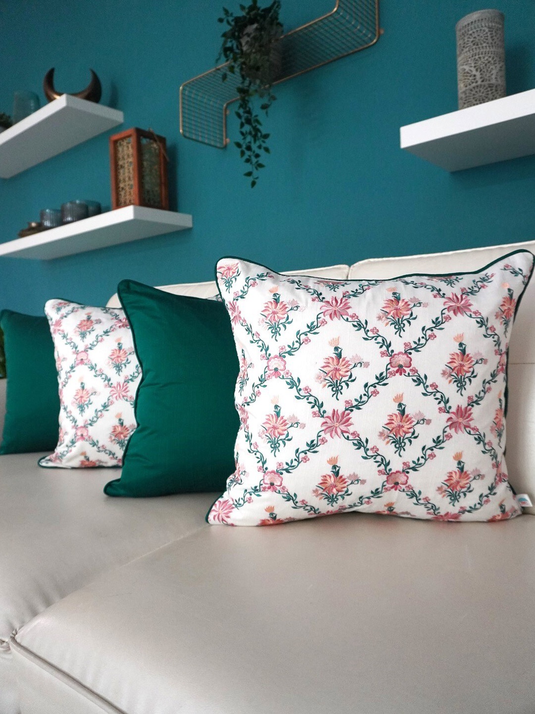 

TARA- Sparkling Homes 4 Pcs Teal Blue & White Floral Square Cushion Covers