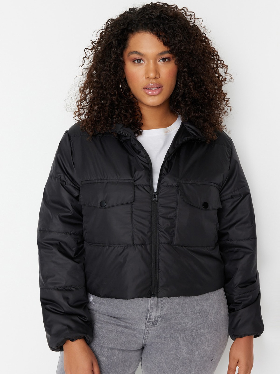 

Trendyol Plus Size Stand Collar Padded Jacket, Black