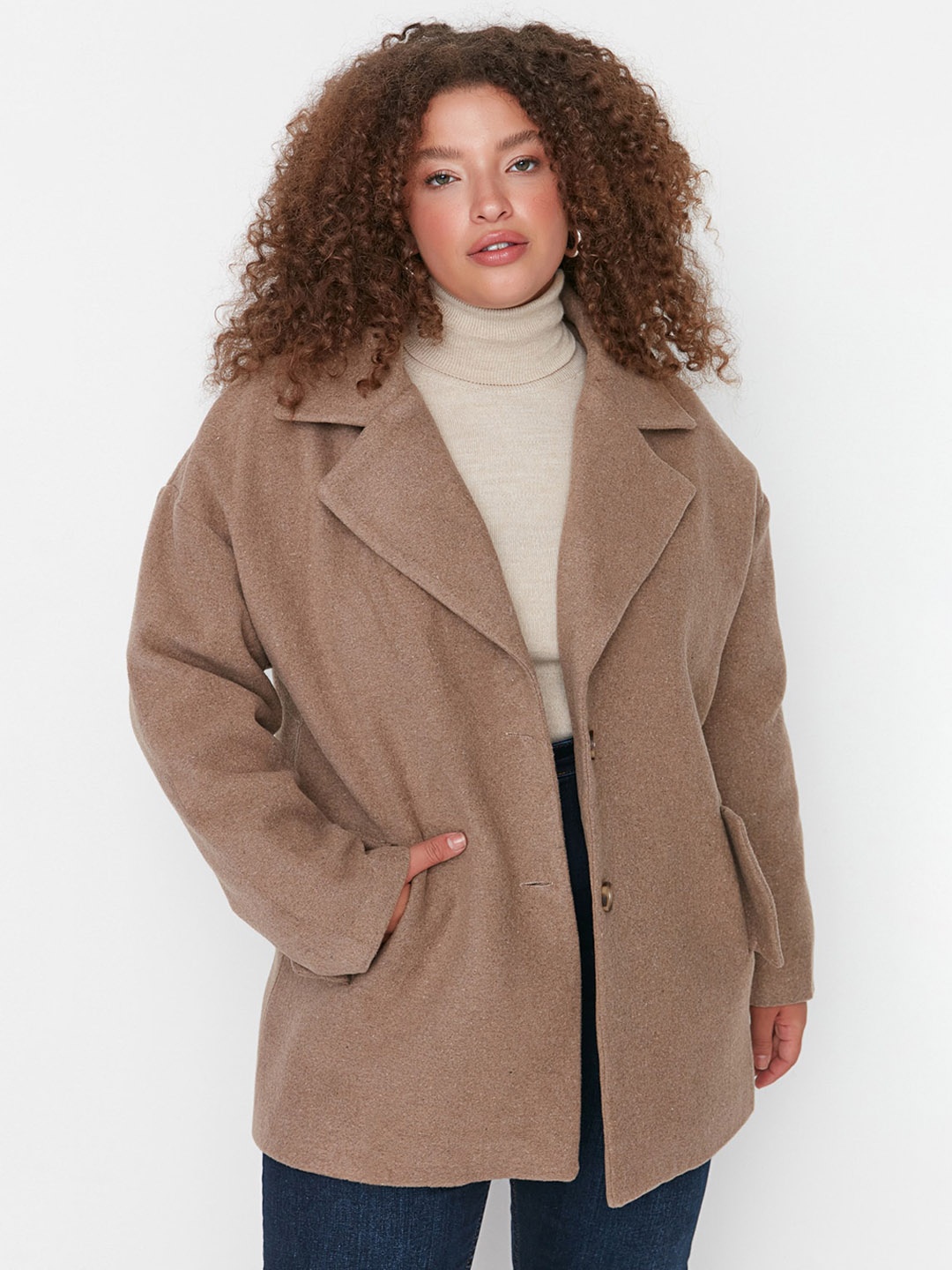 

Trendyol Plus Size Single-Breasted Overcoat, Beige