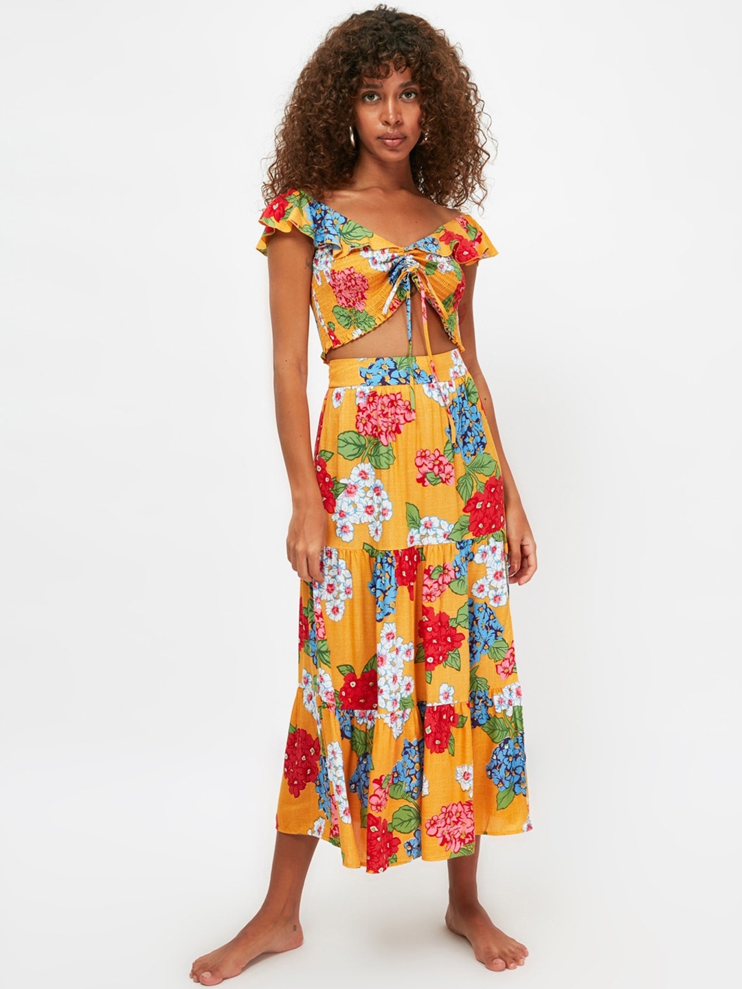 

Trendyol Floral Printed Crop Top & Tiered Skirt, Yellow