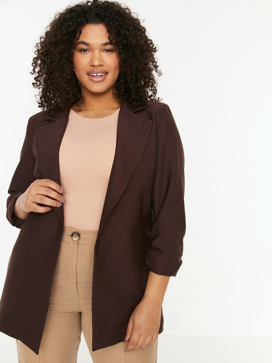 

Trendyol Lapel Collar Longline Open Front Jacket, Brown