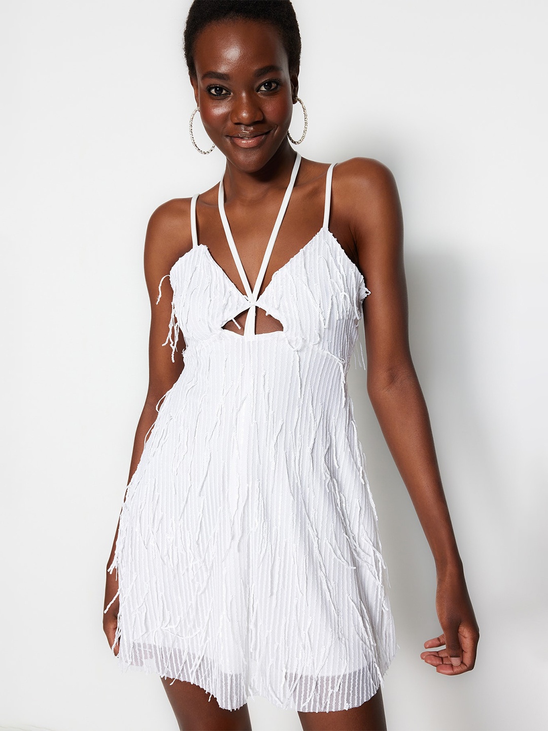 

Trendyol Shoulder Straps Self Design A Line Mini Dress, White