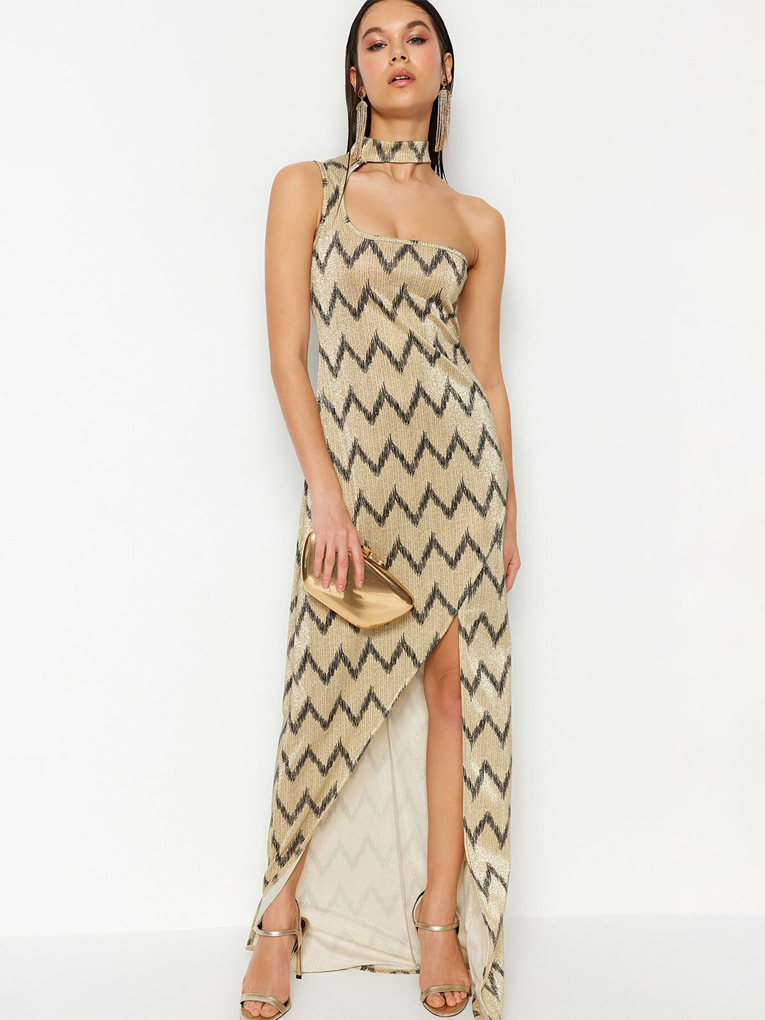 

Trendyol Geometric Printed High Neck Maxi Dress, Beige