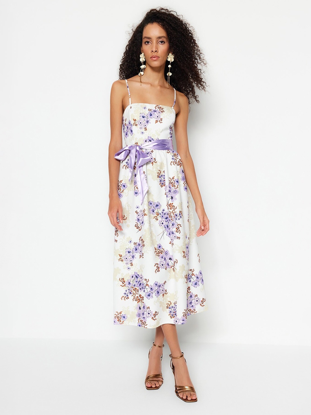 

Trendyol Floral Printed A-Line Midi Dress With Waist Tie Ups, White