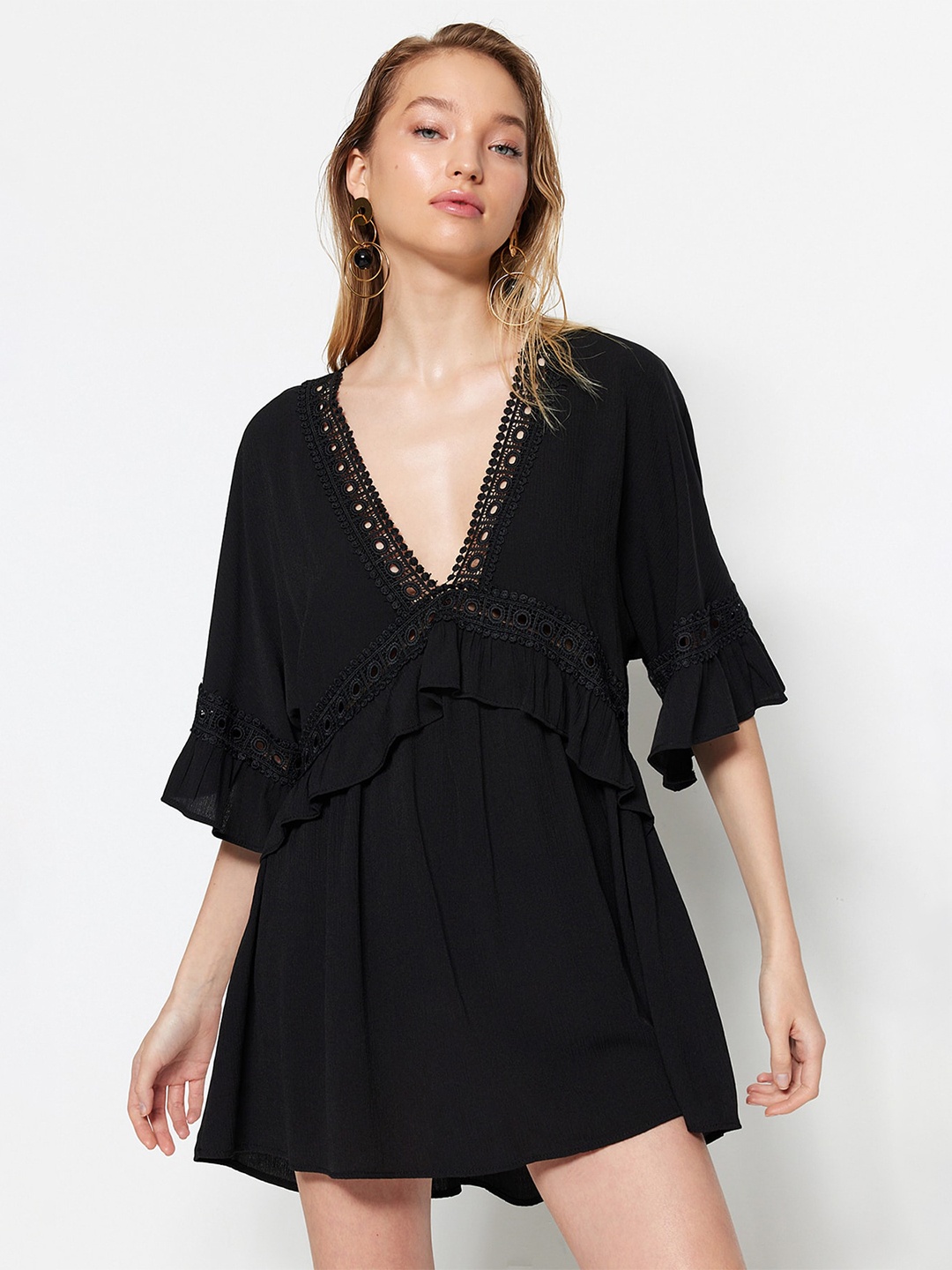 

Trendyol V-Neck Flared Sleeves A-Line Dress, Black