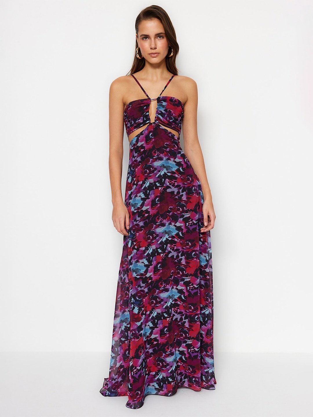 

Trendyol Floral Printed Shoulder Straps Maxi Dress, Maroon