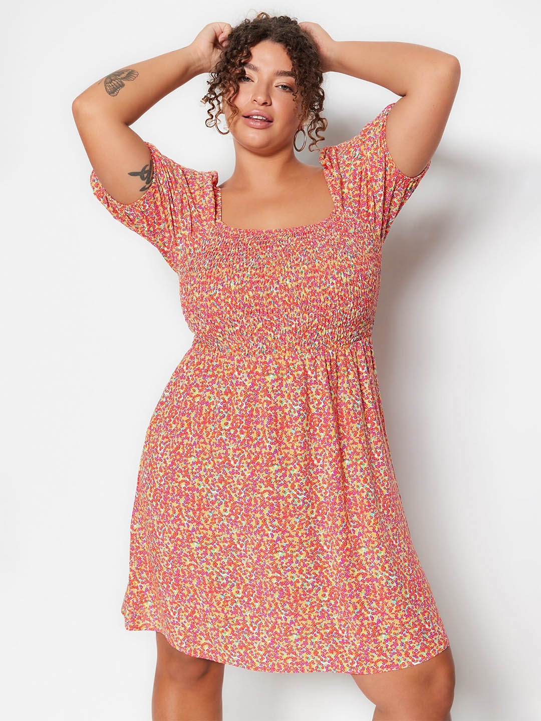 

Trendyol Floral Printed Square Neck Puff Sleeves Fit & Flare Dress, Pink