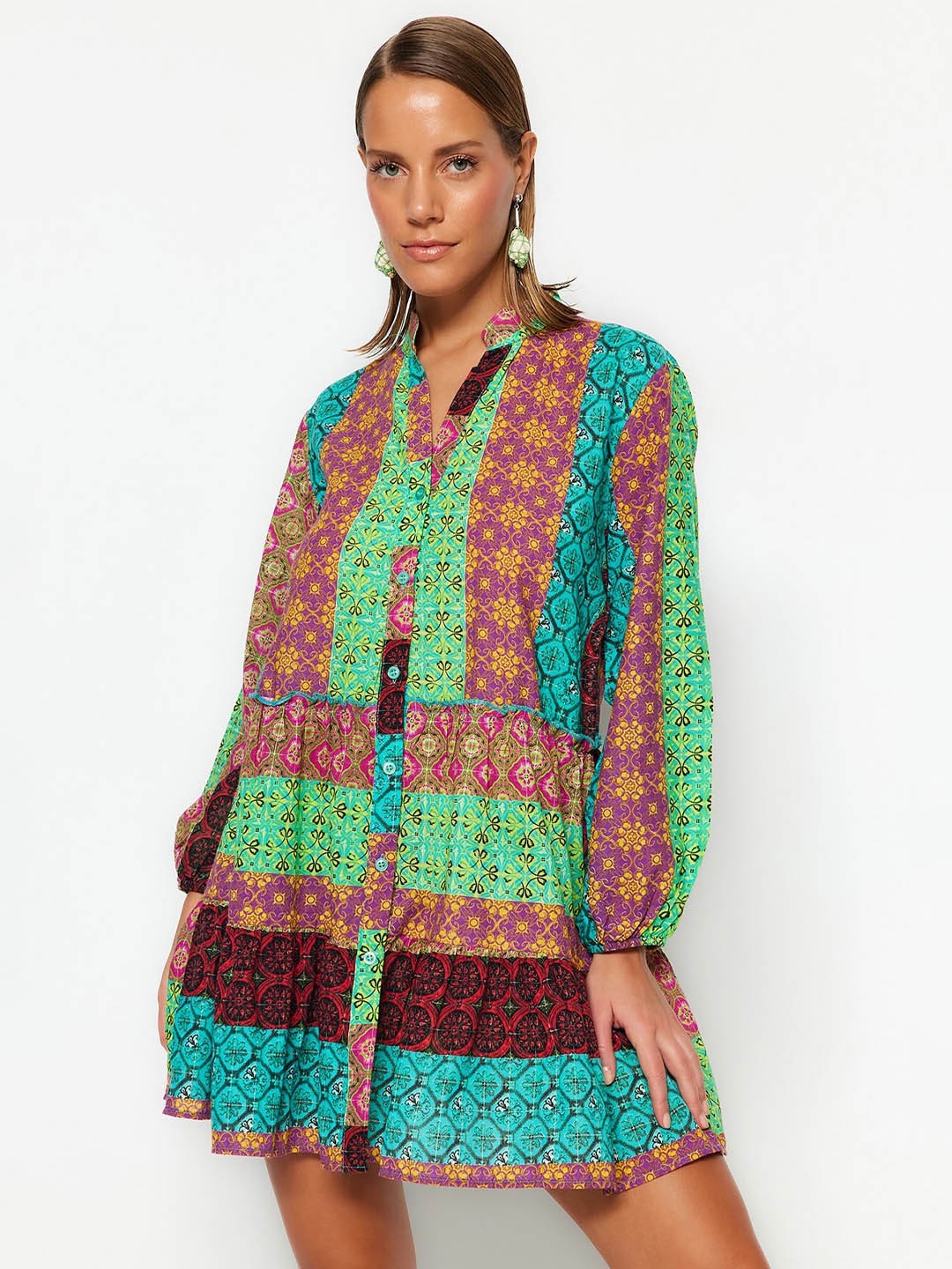 

Trendyol Ethnic Motifs Printed Puff Sleeve Cotton A-Line Mini Dress, Green