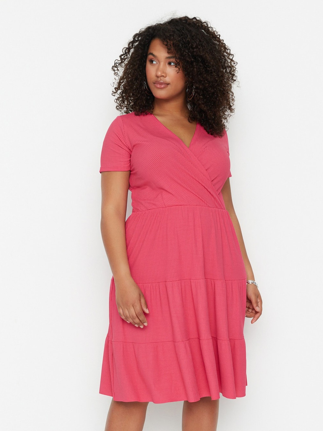 

Trendyol V-Neck Tiered Wrap Dress, Fuchsia