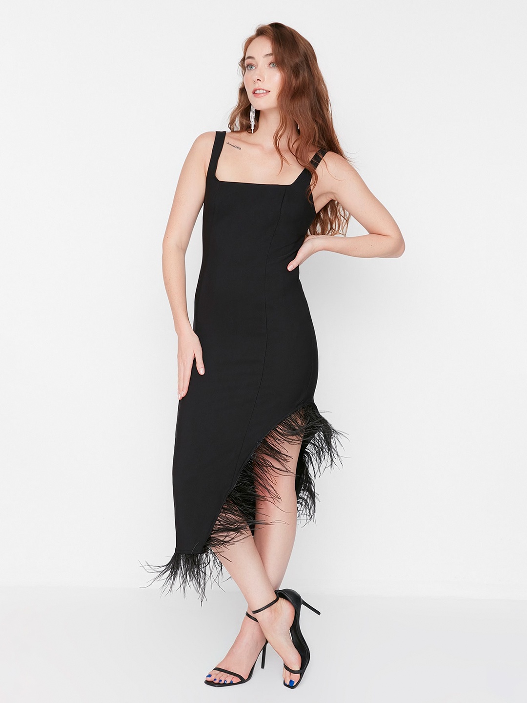 

Trendyol Square Neck Fringed Sheath Midi Dress, Black