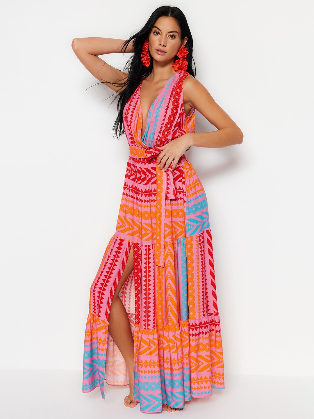 

Trendyol Ethnic Motifs Printed Tie Ups Maxi Dress, Orange