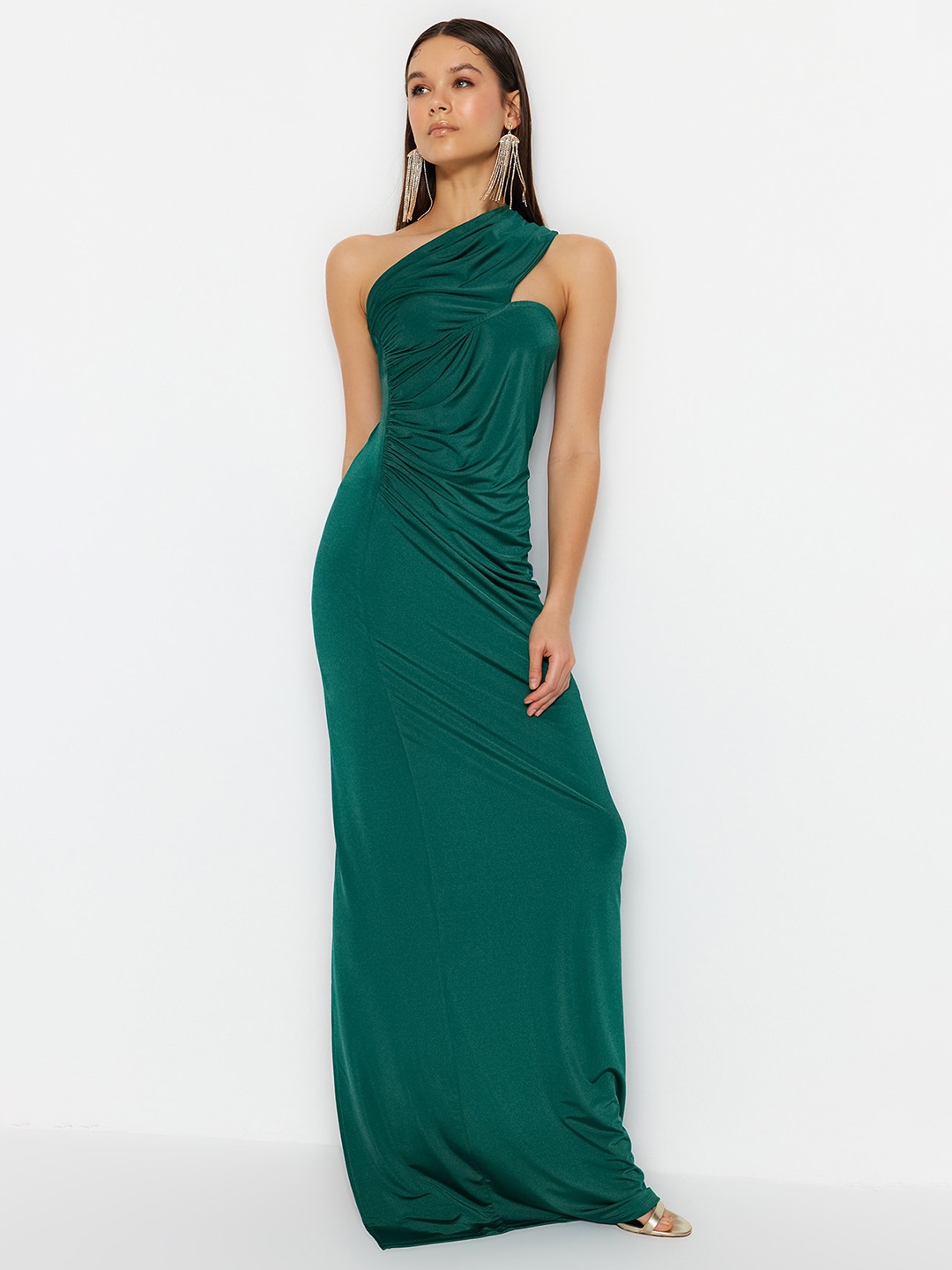 

Trendyol Off Shoulder Gathered Or Pleated Maxi Dress, Green