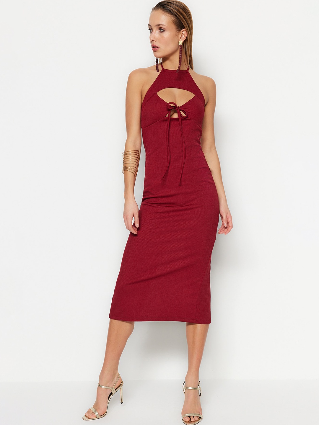 

Trendyol Halter Neck Cut Outs Bodycon Dress, Burgundy