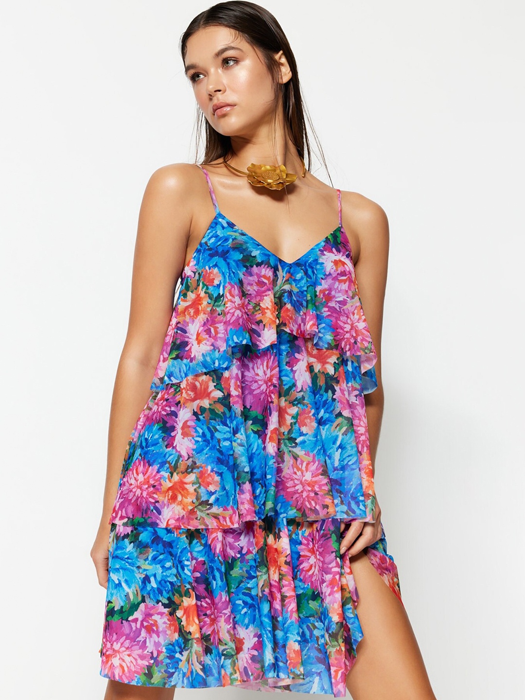 

Trendyol Floral Print Shoulder Strap A-Line Dress, Blue