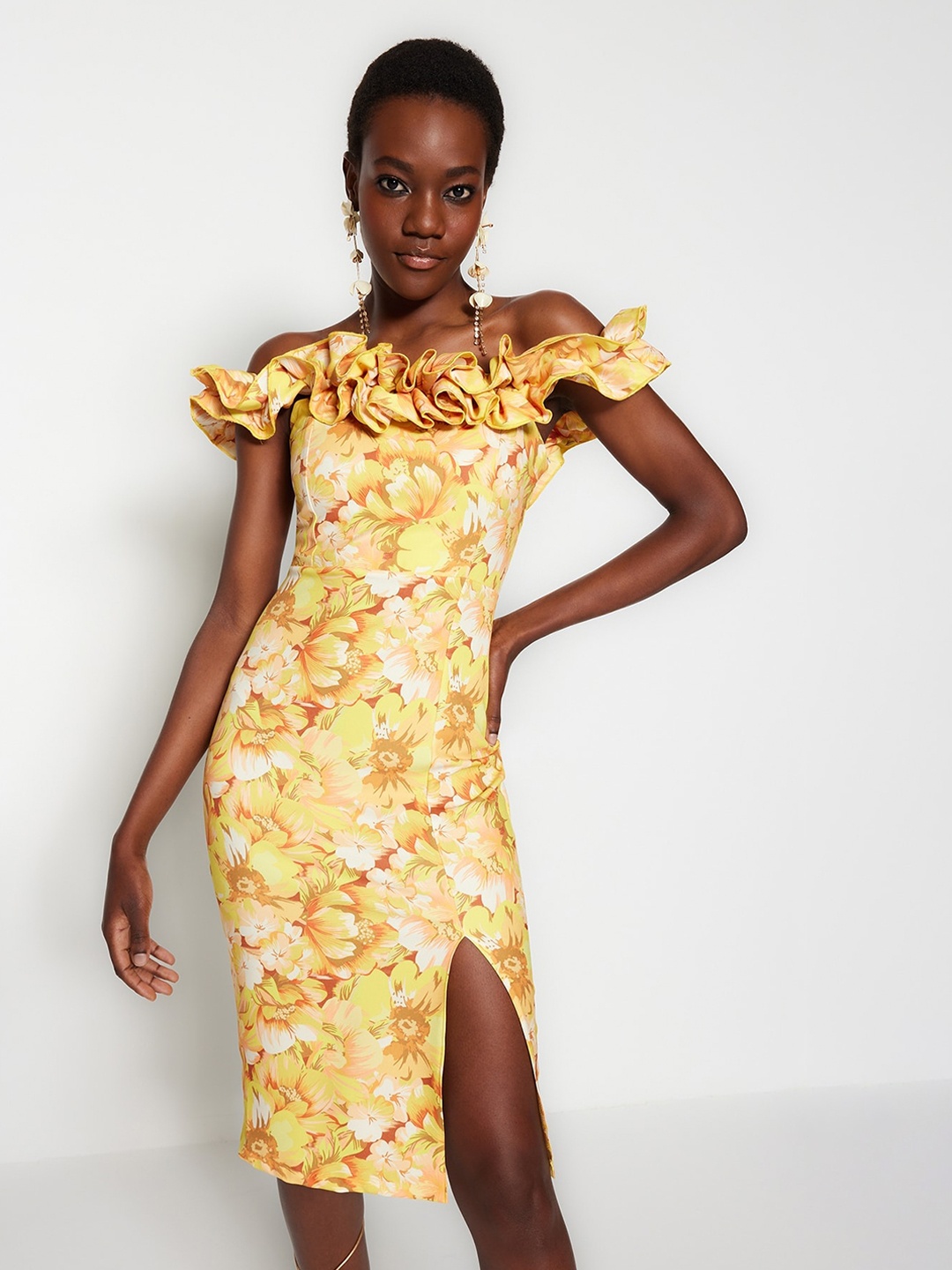 

Trendyol Floral Print Off-Shoulder Flutter Sleeve Sheath Dress, Yellow