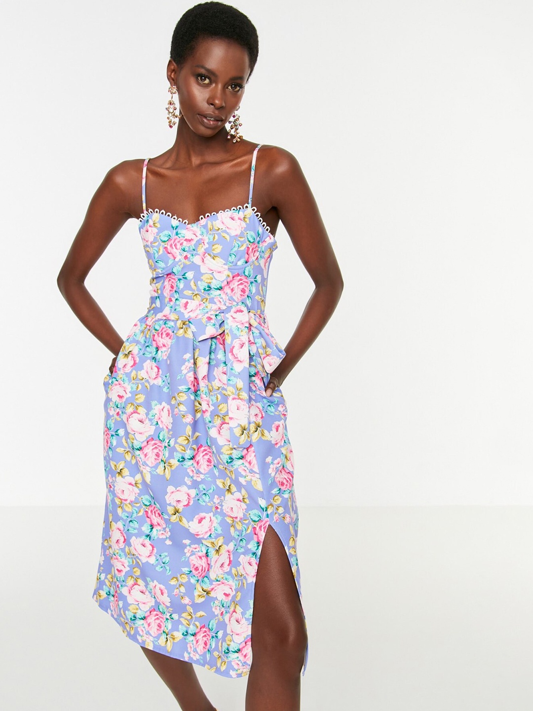 

Trendyol Floral Print Shoulder Strap Fit & Flare Dress, Blue