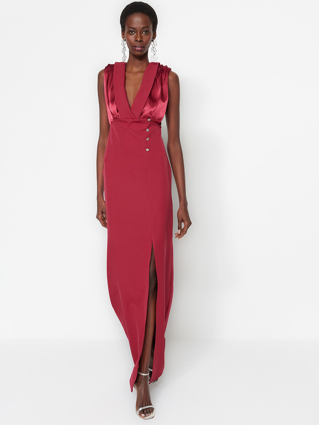 

Trendyol V-Neck Sleeveless Maxi Party Dress, Burgundy