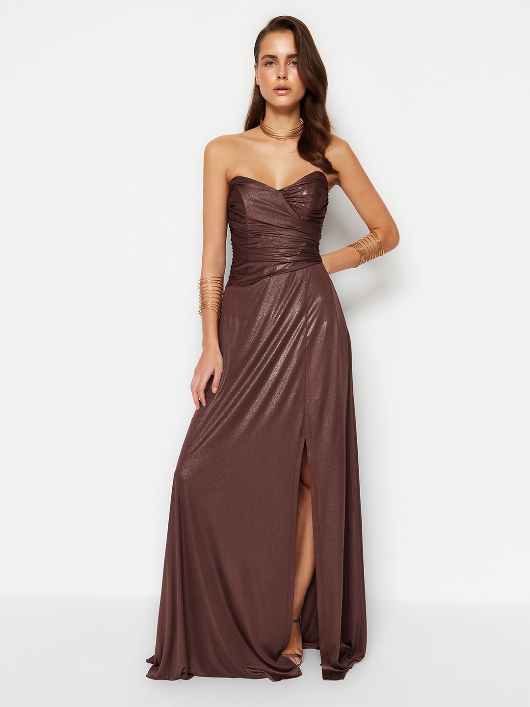 

Trendyol Ruched Strapless Maxi Dress, Bronze